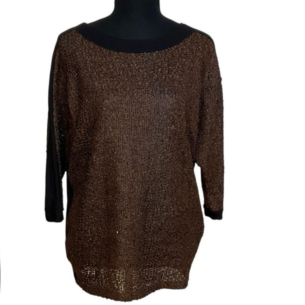 FDJ French Dressing Jeans Brown Black Open Knit Sequin Top Sheer Blouse Small